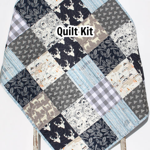 Quilt Kit Boy Navy Blue Woodland Rustic Gray Buck Forest Bears Fox Teepee Fabrics Bedding Quilting Sewing Project Throw Twin