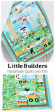 Panel quilt kit featuring cranes, dump trucks, and cement mixers, bright fabric prints and complete binding/backing set.