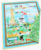 Construction baby quilt sewing kit with cranes and heavy machinery prints, cotton or minky backing, beginner-friendly panel top.