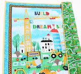 DIY baby blanket kit for construction lovers, panel design, backing choices, easy sew with no patchwork needed.