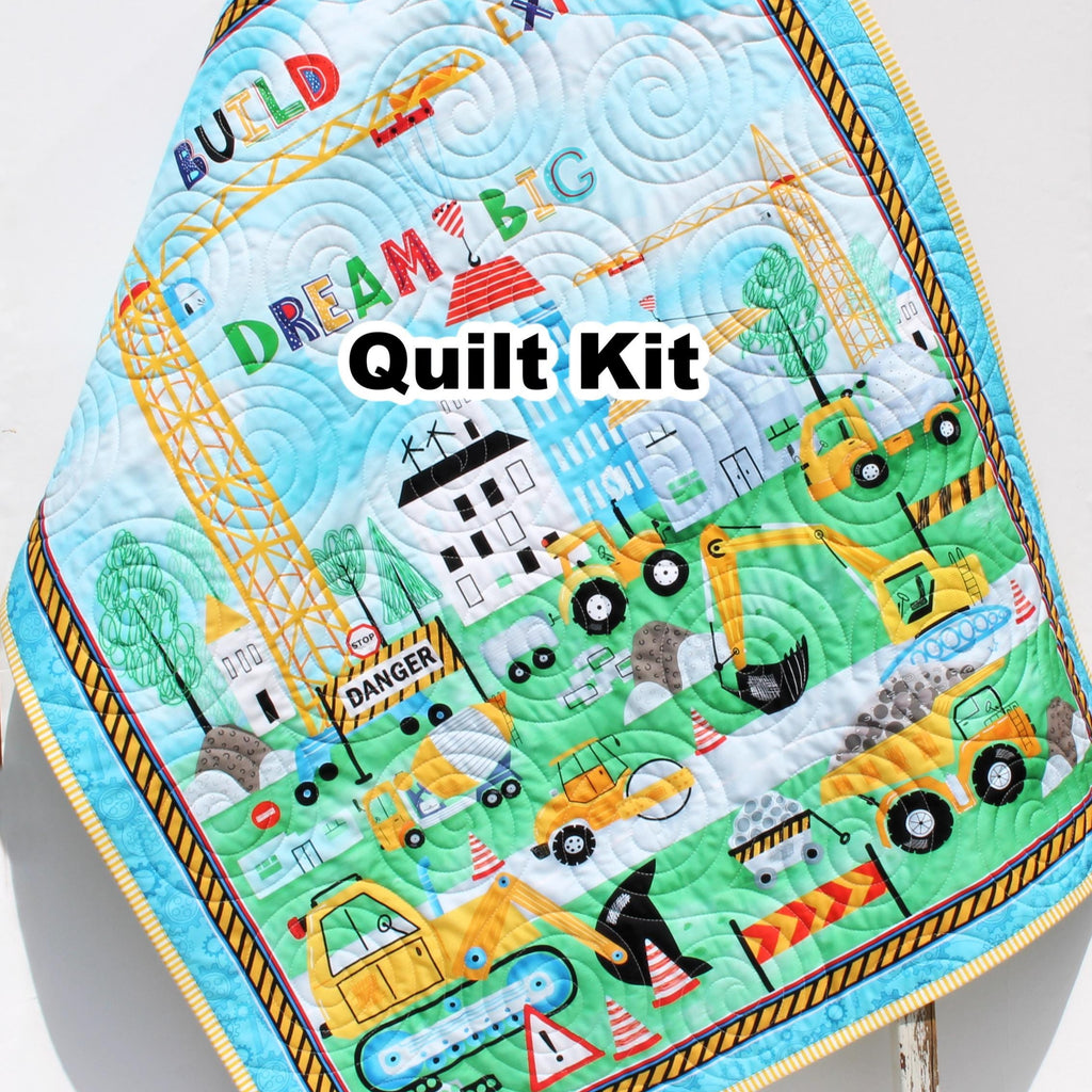 Dream Big construction panel quilt kit with dump trucks, diggers, cranes, plus binding and fabric backing options for boys.