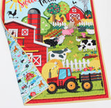 Quilt sewing project with barnyard animals, ribbon-like yellow stripe binding, and farm scene backing ideal for beginner.