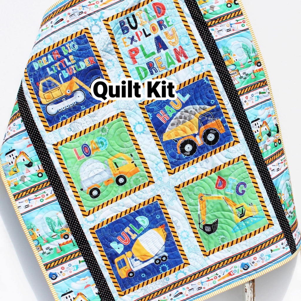 Truck Quilt Kit – Little Builder Baby Blanket Panel Kit – Digger & Dump Truck Fabric – Easy DIY Nursery Quilt for Boys or Toddlers