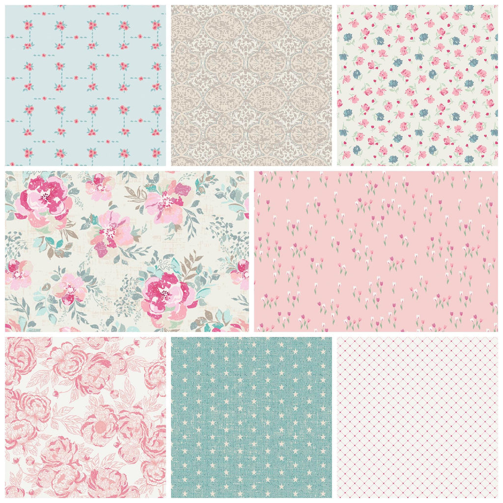 Romantica Bundle Art Gallery Fabrics Shabby Chic Floral Roses Pink Green Blue Taupe Rose Buds Tulips Garden Fat Quarter Half Yard and Yards