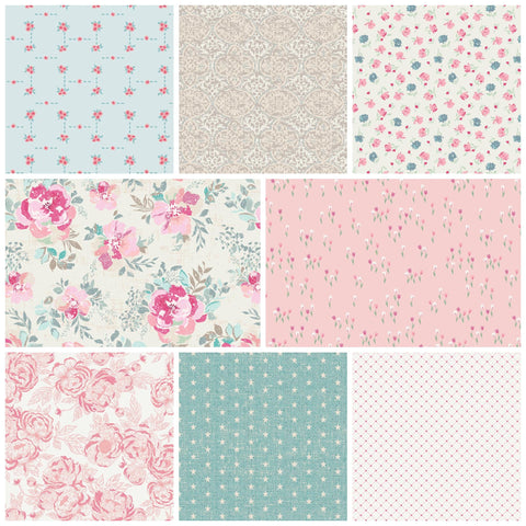 Romantica Bundle Art Gallery Fabrics Shabby Chic Floral Roses Pink Green Blue Taupe Rose Buds Tulips Garden Fat Quarter Half Yard and Yards