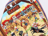 DIY Wild West quilt panel kit with ranch imagery, rodeo cowboys, horses, and easy instructions for beginner quilters.