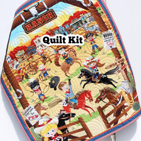 Cowboy rodeo quilt panel kit featuring playful Wild West cowboys, horses, ranch scenes, and premium cotton backing fabric.