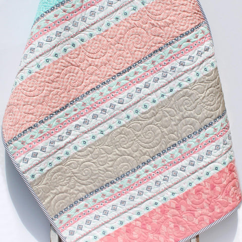 Handmade Stripe Quilt – Personalized Baby Girl Quilt – Pink, Mint & Taupe Modern Nursery Blanket – Custom Name Quilt Gift