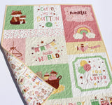 Finished look of nursery baby quilt made from a panel quilt kit