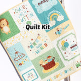 Baby Boy panel quilt kit featuring a soft nursery design with animals, balloons, and welcoming phrases