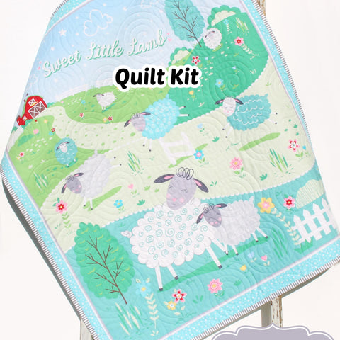 Sweet Little Lamb baby panel quilt kit featuring a soft nursery design with sheep and pastel colors