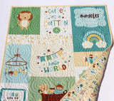 Baby boy quilt with animal themed panel and coordinating fabric backing