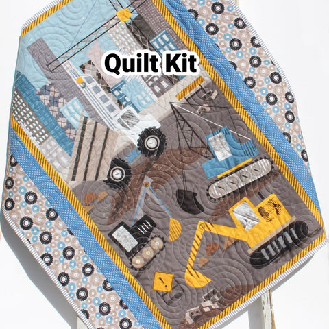 baby boy construction quilt kit featuring trucks and equipment design by Kristin Blandford Designs perfect for nursery decor and beginner quilting projects