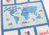 Kristin Blandford Designs Girl Quilts Baby Quilt Our Wonderful World Blanket Bedding Gender Neutral Newborn Monogram Gift Personalize Named Initials Map Ethnicities Cultures