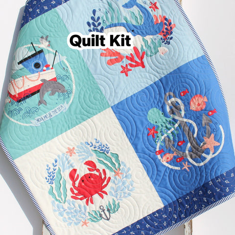 Ocean Quilt Kit, Sea Fish Ship Boat Whales Nautical Crib Blanket, Quilting Lost at Sea Boy Girl Beginner Quilt Kit Bundle Set Panel Fabrics
