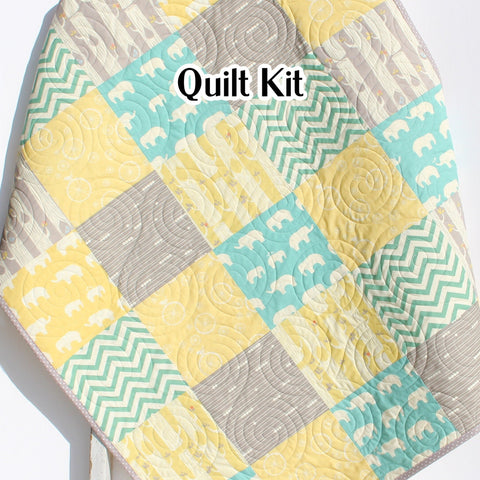 Gender Neutral Baby Quilt Kit for Boy or Girl Yellow Grey Aqua Teal Beginner Patchwork Sewing Ideas Bundle Set of Fabrics Binding Backing