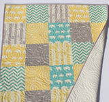 Baby Quilt, Organic Blanket Gender Neutral Yellow Aqua Pool Teal Blue Grey Elephant Woodland Forest, Bunting Chevron Boy Girl Toddler