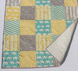 Baby Quilt, Organic Blanket Gender Neutral Yellow Aqua Pool Teal Blue Grey Elephant Woodland Forest, Bunting Chevron Boy Girl Toddler