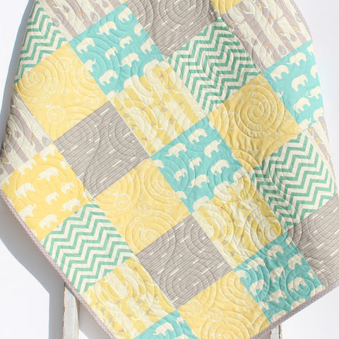 Baby Quilt, Organic Blanket Gender Neutral Yellow Aqua Pool Teal Blue Grey Elephant Woodland Forest, Bunting Chevron Boy Girl Toddler