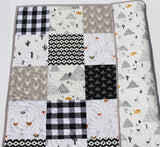 Baby Quilt, Black and White Blanket Gender Neutral Pacha Desert Southwestern Aztec Llama Mountains Cactus Deer Plaid Baby or Toddler Size