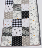 Baby Quilt, Black and White Blanket Gender Neutral Pacha Desert Southwestern Aztec Llama Mountains Cactus Deer Plaid Baby or Toddler Size