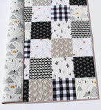 Baby Quilt, Black and White Blanket Gender Neutral Pacha Desert Southwestern Aztec Llama Mountains Cactus Deer Plaid Baby or Toddler Size