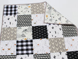 Baby Quilt, Black and White Blanket Gender Neutral Pacha Desert Southwestern Aztec Llama Mountains Cactus Deer Plaid Baby or Toddler Size