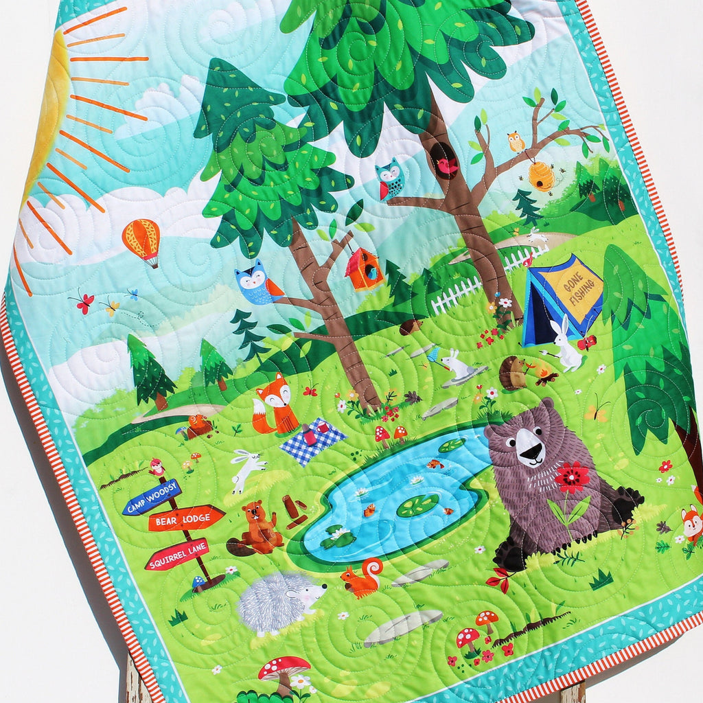 Quilt, Woodland Baby Quilt, Nursery Decor, Happy Camper, Nature Outdoors, Blankets, Forest Animals, Fox Deer Bear, Camping Tent Boy Girl
