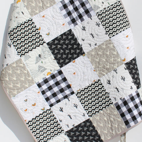 Baby Quilt, Black and White Blanket Gender Neutral Pacha Desert Southwestern Aztec Llama Mountains Cactus Deer Plaid Baby or Toddler Size