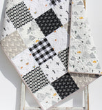 Baby Quilt, Black and White Blanket Gender Neutral Pacha Desert Southwestern Aztec Llama Mountains Cactus Deer Plaid Baby or Toddler Size