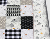 Baby Quilt, Black and White Blanket Gender Neutral Pacha Desert Southwestern Aztec Llama Mountains Cactus Deer Plaid Baby or Toddler Size
