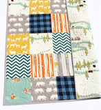 Kristin Blandford Designs Baby Quilt Handmade Woodland Nursery Personalized Blanket Modern Crib Decor Boy Quilts for Sale Navy Blue Orange Bears Deer Owls Animals
