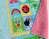 Kristin Blandford Designs Baby Quilt Kit Girl Quilt Kit, Butterfly Studio E Fabrics, Panel Quick Simple Easy Beginner Project, Owl Frog Rainbow Ladybug, Pink Aqua Yellow Whimsy