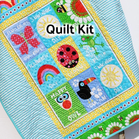 Kristin Blandford Designs Baby Quilt Kit Girl Quilt Kit, Butterfly Studio E Fabrics, Panel Quick Simple Easy Beginner Project, Owl Frog Rainbow Ladybug, Pink Aqua Yellow Whimsy