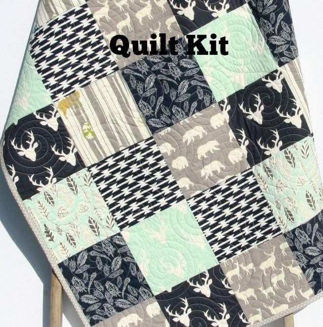 Mint Woodland Quilt Kit, Buck Deer Bedding Navy Blue Toddler Baby