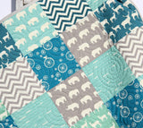 Kristin Blandford Designs Baby Quilt Kit Organic Quilt Kit, Animal Boy Blanket, Baby Sewing Project Crib Bedding Quilting Sewing Toddler Blues Grey Deer Elephants Chevron Gift