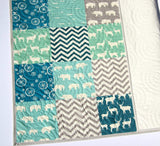 Kristin Blandford Designs Baby Quilt Kit Organic Quilt Kit, Animal Boy Blanket, Baby Sewing Project Crib Bedding Quilting Sewing Toddler Blues Grey Deer Elephants Chevron Gift