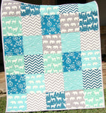 Kristin Blandford Designs Baby Quilt Kit Organic Quilt Kit, Animal Boy Blanket, Baby Sewing Project Crib Bedding Quilting Sewing Toddler Blues Grey Deer Elephants Chevron Gift