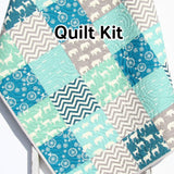 Kristin Blandford Designs Baby Quilt Kit Organic Quilt Kit, Animal Boy Blanket, Baby Sewing Project Crib Bedding Quilting Sewing Toddler Blues Grey Deer Elephants Chevron Gift