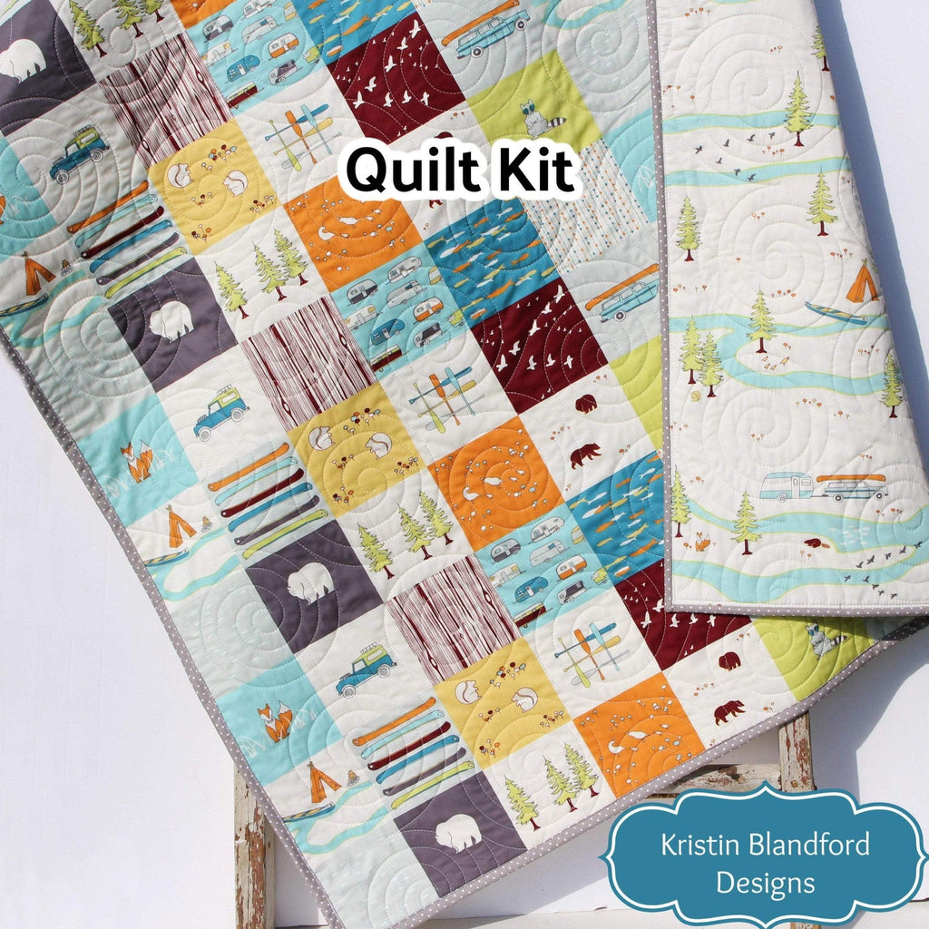 Kristin Blandford Designs Baby Quilt Kit Organic Quilt Kit Camp Sur Birch Fabrics Cheater Patchwork Blanket DIY Wholecloth JayCyn Camping Outdoors Out of Print Hard to Find OOP HTF