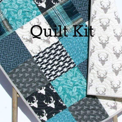 Plaid Woodland Quilt Kit, Deer Aztec Feathers, Navy Blue Teal Gray Boy Nursery