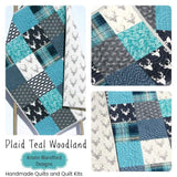 Plaid Woodland Quilt Kit, Deer Aztec Feathers, Navy Blue Teal Gray Boy Nursery