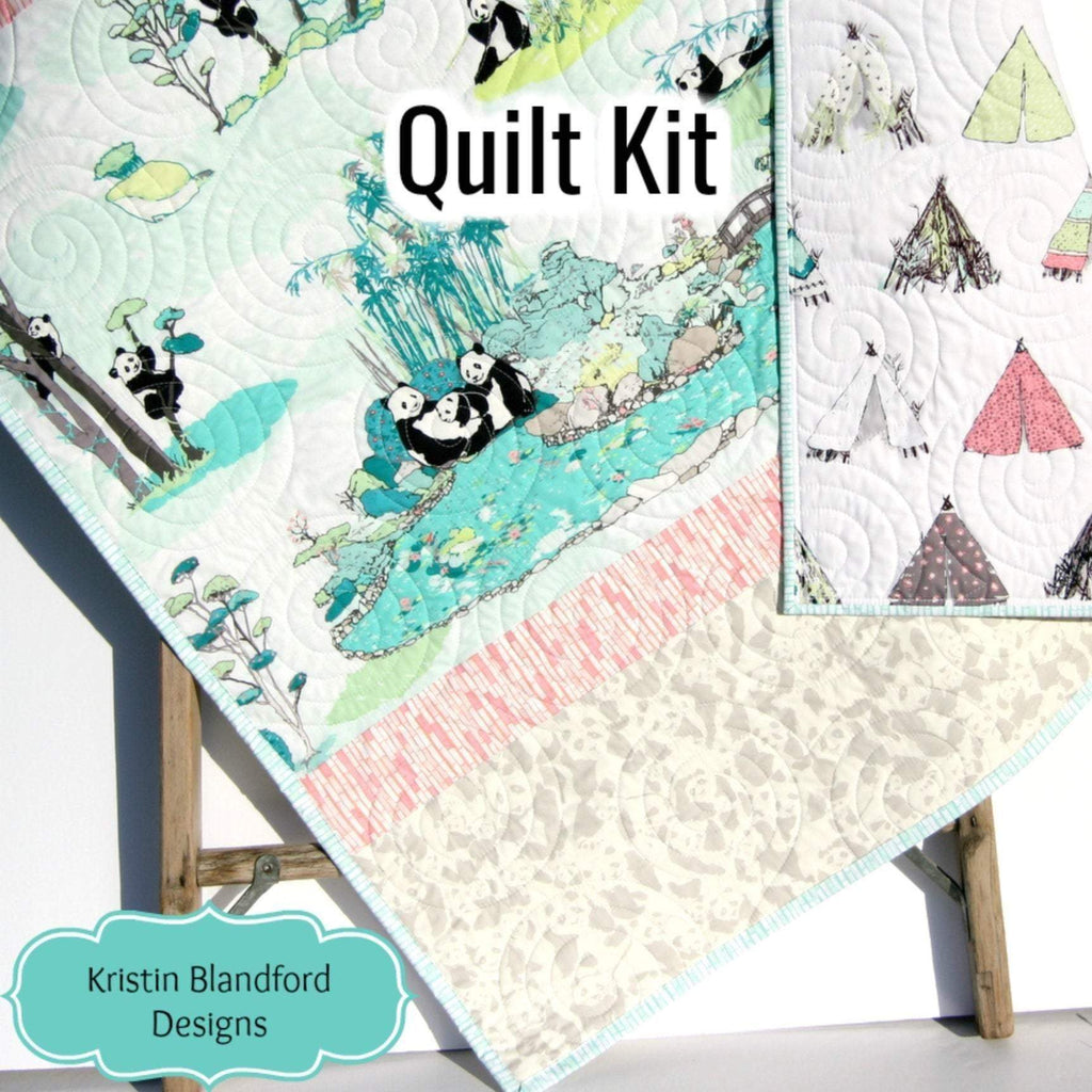 Kristin Blandford Designs Baby Quilt Kit Quilt Kit Baby Girl Panda Teepee Bamboo Crib Bedding Blue Grey Gray Pink Quilting Sewing Striped Pattern DIY Do It Yourself Pandalicious
