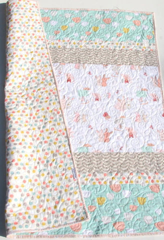 Girl Quilt Kit, DIY Project Baby Quilt Kit Bunnies Littlest Art Gallery  Mint Green Coral Pink Gray Simple Easy Beginner Striped Pattern 