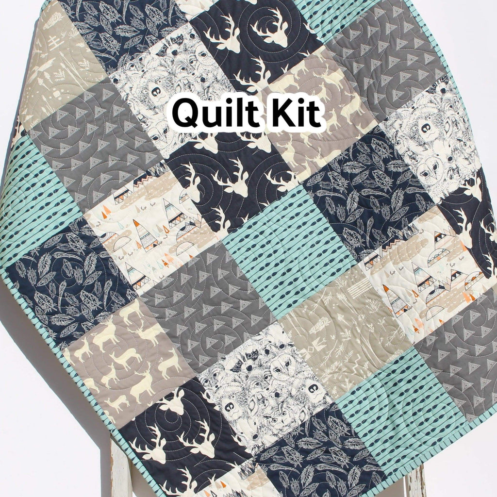 Kristin Blandford Designs Baby Quilt Kit Woodland Quilt Kit, Blue Teepee Buck Deer Bedding, Crib Blanket