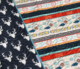 Aztec Deer Quilt Kit, Tribal Baby Bedding Blanket Project, Art Gallery Fabrics, Navy Blue Red Teal Boy or Girl, Wholecloth Panel Cheater