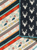 Aztec Deer Quilt Kit, Tribal Baby Bedding Blanket Project, Art Gallery Fabrics, Navy Blue Red Teal Boy or Girl, Wholecloth Panel Cheater
