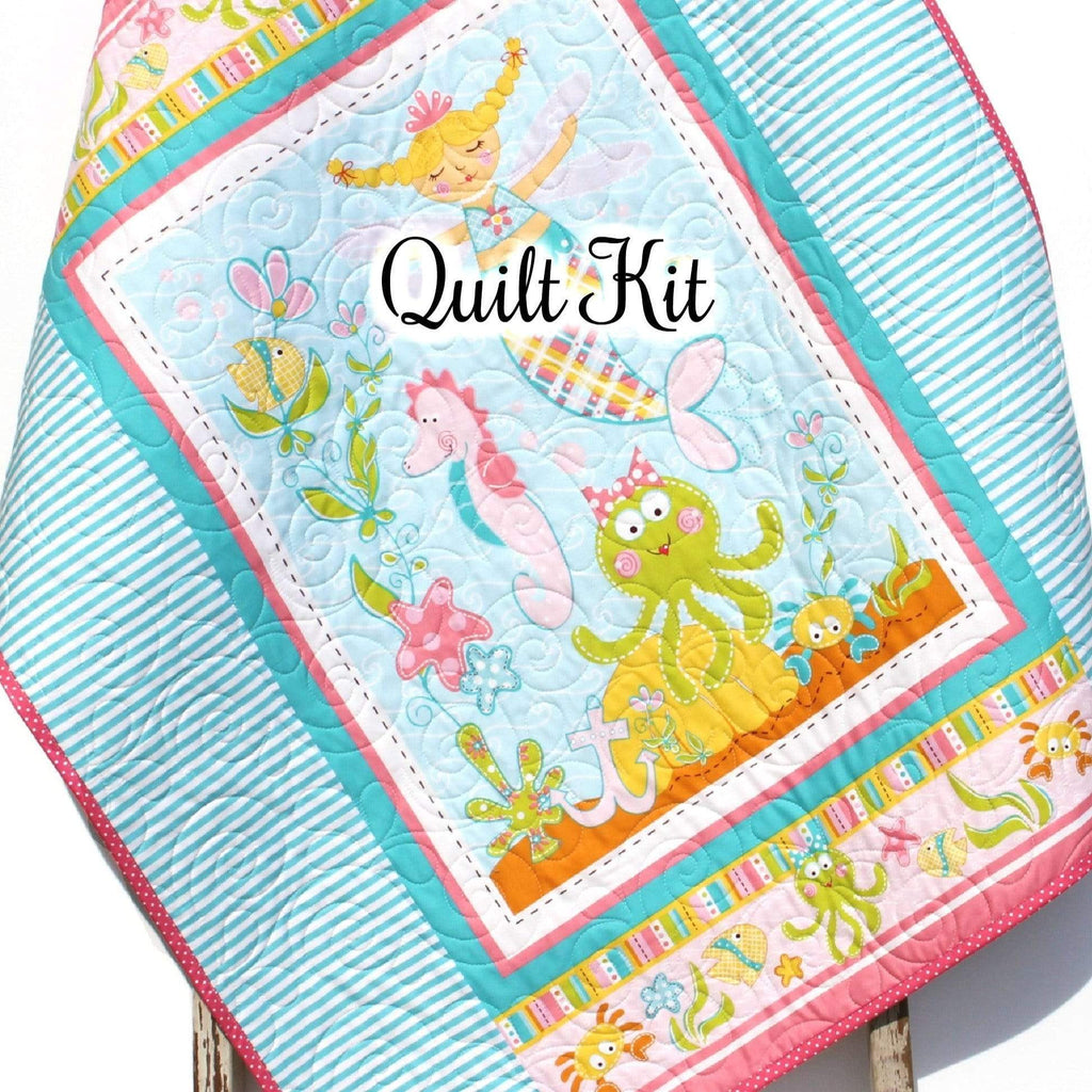 Kristin Blandford Designs Baby Quilt Kits Mermaid Quilt Kit Girl Nautical Panel Quick Simple Beginner Project Fish Ocean Sea Seahorse Pink Aqua Girl Newborn Baby Gift Blanket