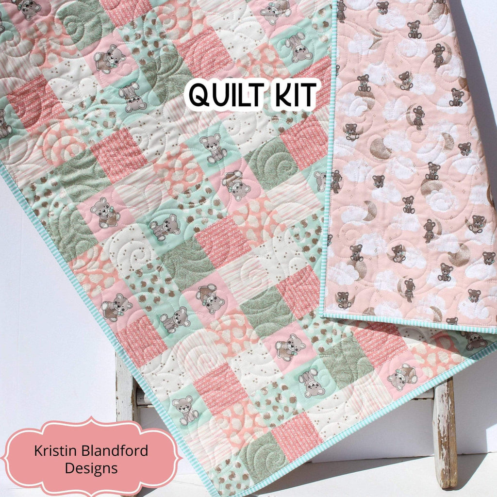 Kristin Blandford Designs Baby Quilt Kits Quilt Kit for Girls, Panel Beginner Project, Sewing Ideas, Simple Quick and Easy Quilting, Sleep Tight Teddy Bear Coral Pink Mint Gold Moon