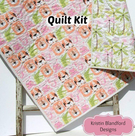 SALE Simple Quilt Kit, Panel Faux Patchwork, Miney Moe Girl, Crib Blanket Kit, Sewing Quilting Project, Tiger Hippo Animals, Cheater Panel